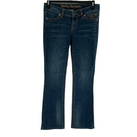 Harley Davidson Denim Jeans Women Size 6 Bootcut Stretch Med Wash Whiskers Blue - Picture 1 of 9